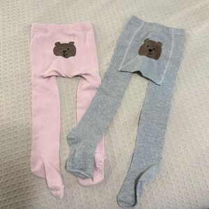 Kids Bear Motif Tights - Pink and Gray